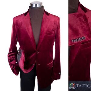 Tazio Blazer Sport Coat Solid Velvet RED Sz 38R Two Button Jacket Silk Lining